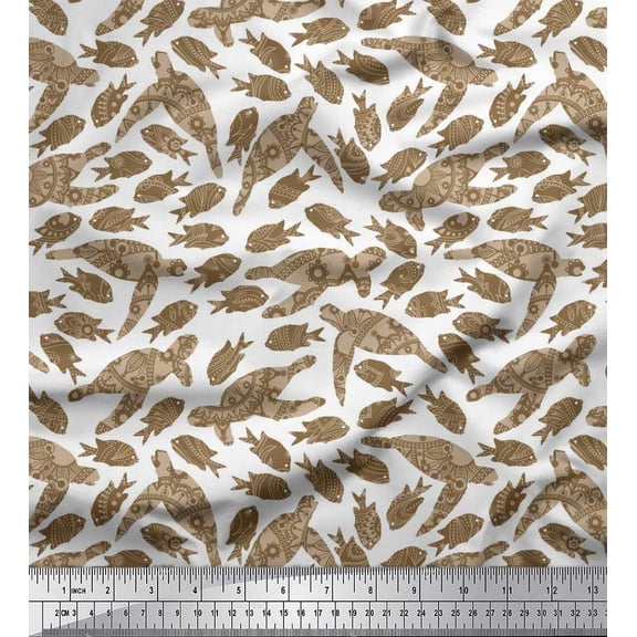 Soimoi Poly Georgette Fabric Fish & Sea Turtle Ocean Printed Craft Fabric by the Yard 42 Inch Wide