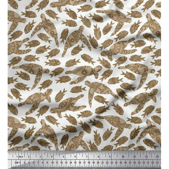 Soimoi polyester Crepe Fabric Fish & Sea Turtle Ocean Fabric Prints By Yard 52 Inch Wide