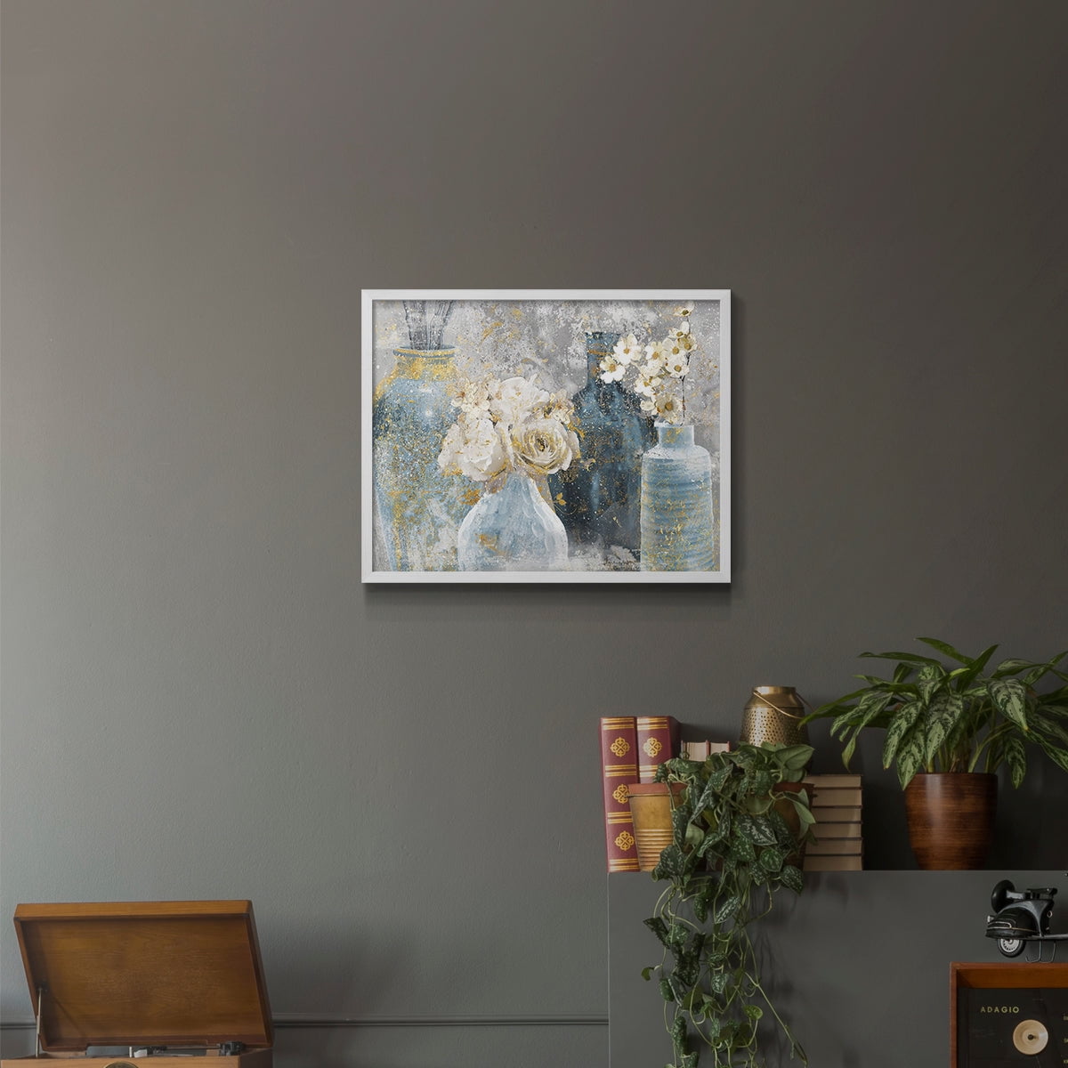 Vessels and Blooms Blues by Nan - Restickable Framed Giclée Print