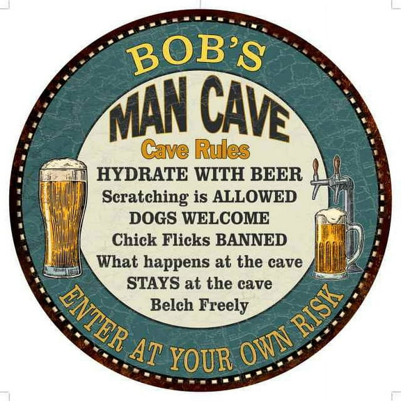 BOB'S Man Cave Rules 14" Round Metal Sign Garage Bar Decor 100140009006