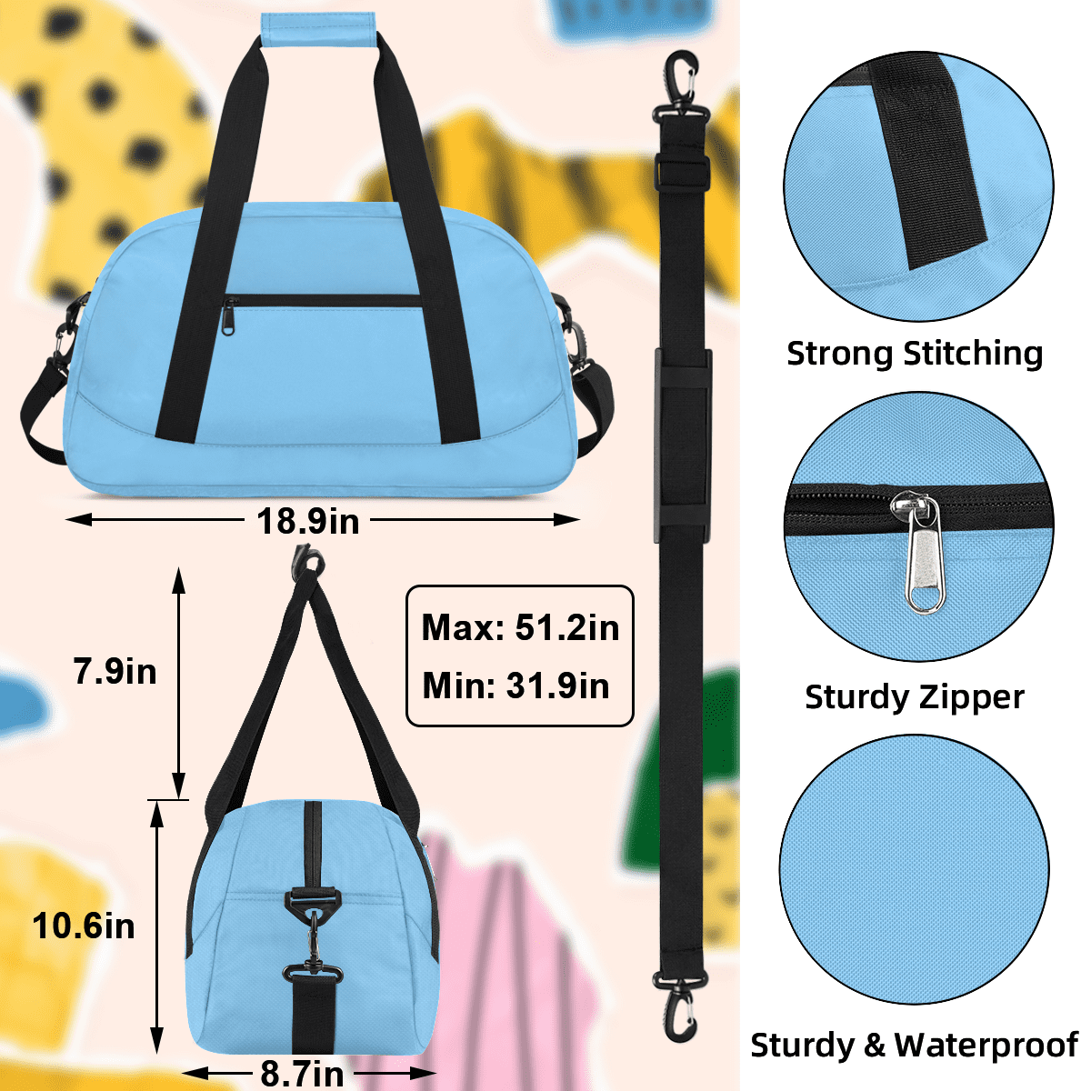 Herdesigns Lightskyblue Sports Duffle Bag for Women & Men, Gym Bag Dance Bag Overnight Bag Carry On Weekender Travel Bag