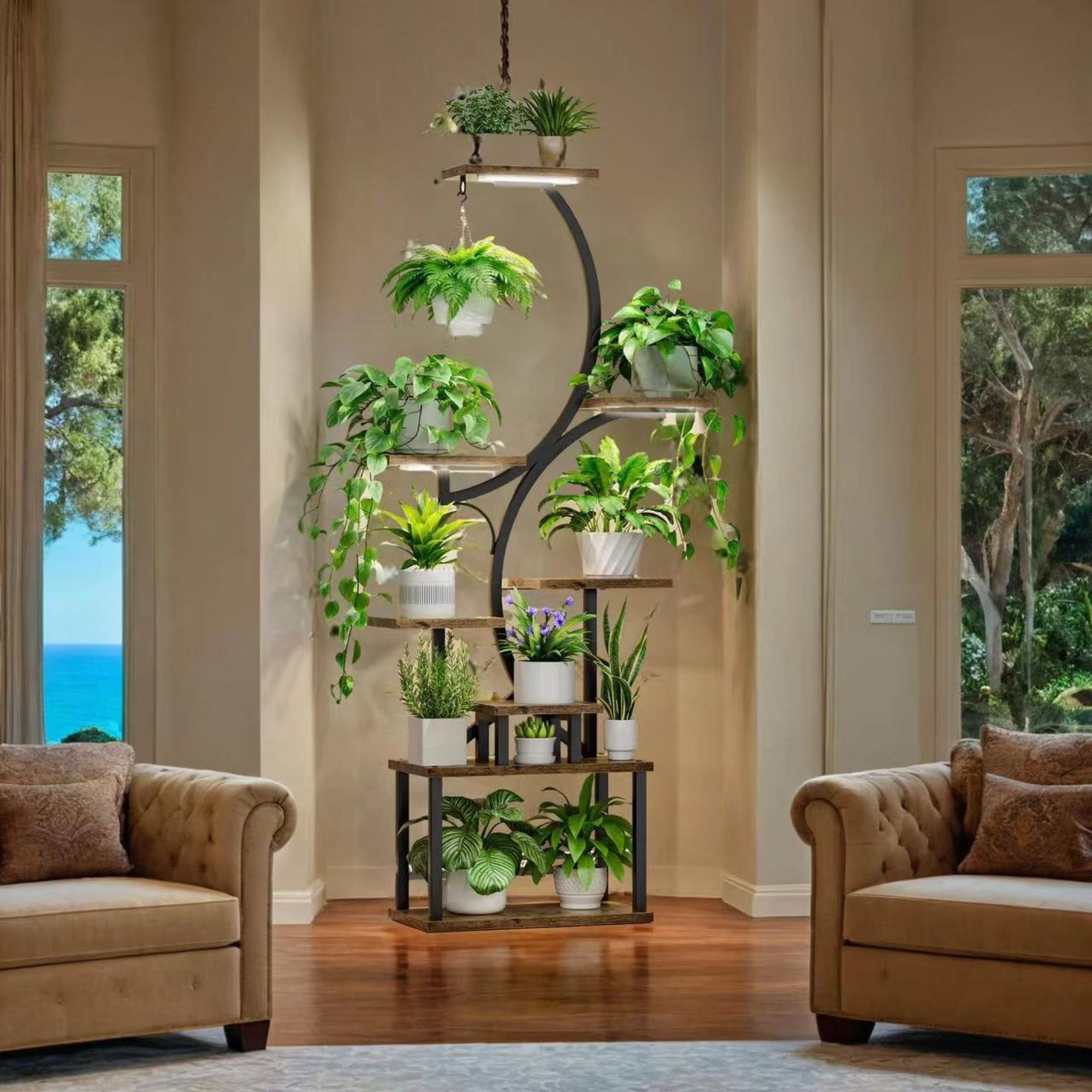 Leumius Plant Stand with Grow Lights, 8 Tiered Indoor Metal Plant Flower Shelf, 61" Tall Plant Stand for Indoor Plants Multiple, S-Shaped Plant Rack for Home Patio