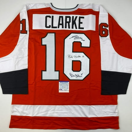 Autographed/Signed Reggie Leach, Bobby Clarke  Bill Barber Philadelphia Orange Hockey Jersey PSA/DNA COA