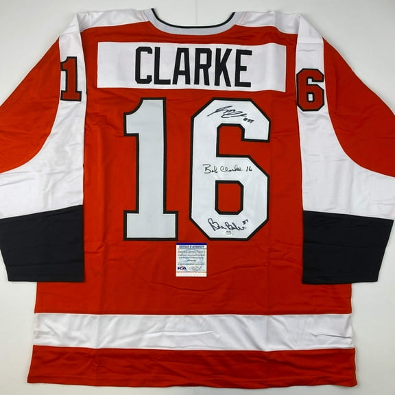 Autographed/Signed Reggie Leach, Bobby Clarke  Bill Barber Philadelphia Orange Hockey Jersey PSA/DNA COA