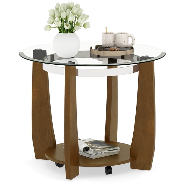 Costway 32" 2-Tier Glass Coffee Table with Tempered Glass Top Bottom Storage Shelf & Wheels Transparent & Walnut