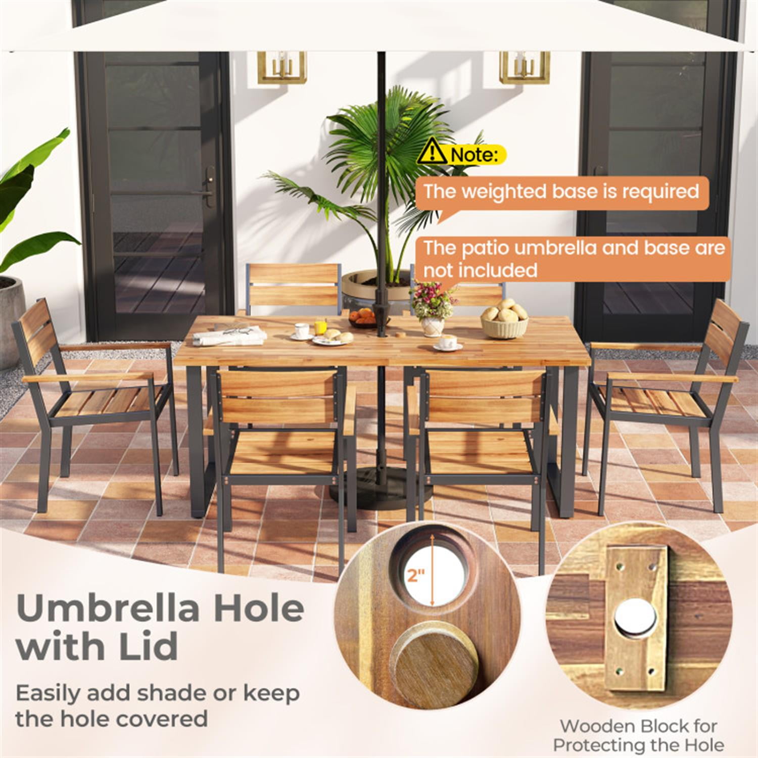 Demi Bonn 7 Pieces Acacia Wood Furniture Patio Outdoor Dining Set with Metal Frame and 2ches Umbrella Hole for Balcony Patio Garden Poolside, Brown
