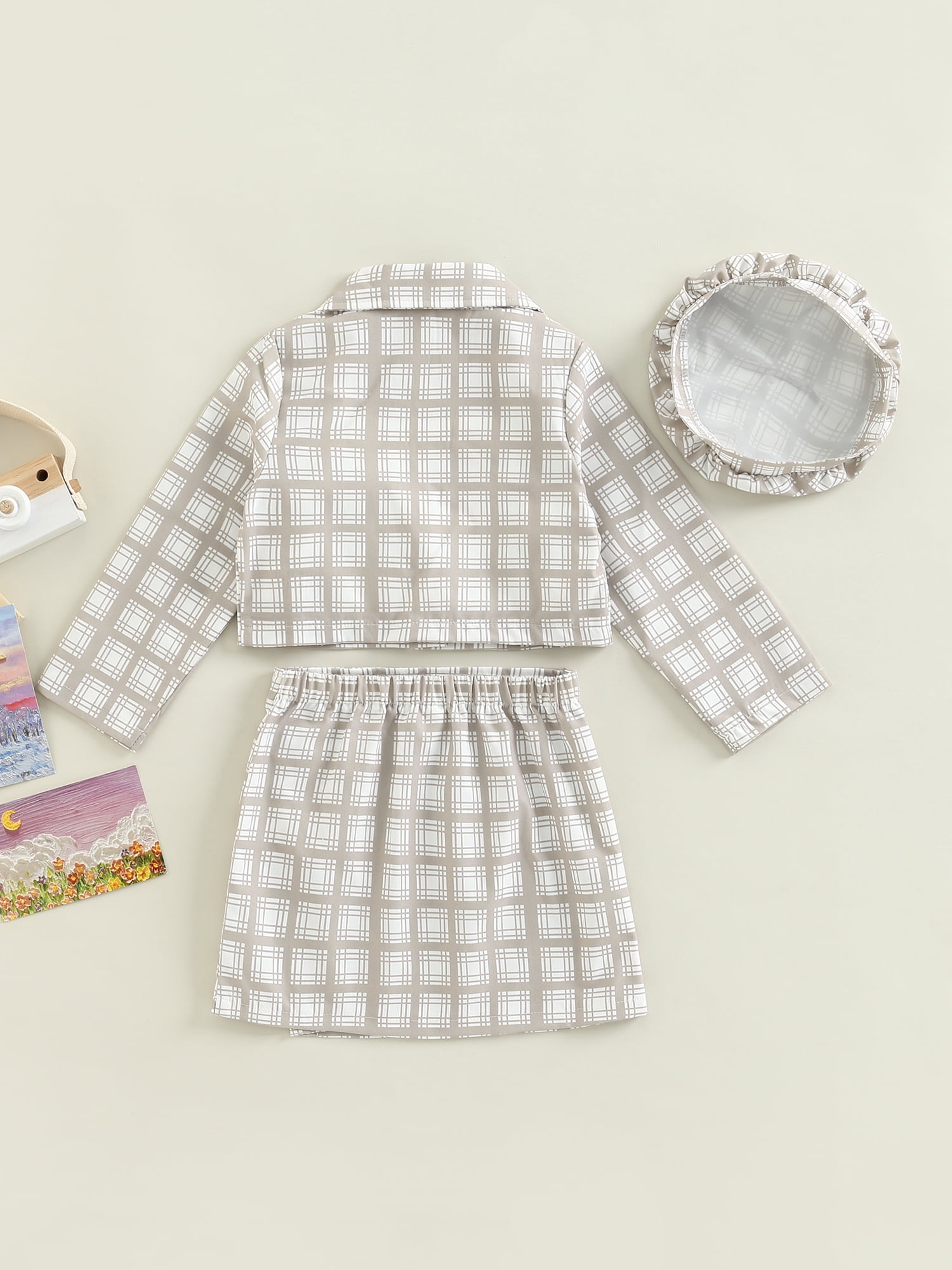 2-piece Toddler Girl Plaid Lapel Collar Coat Jacket and Solid Sleeveless Dress Set