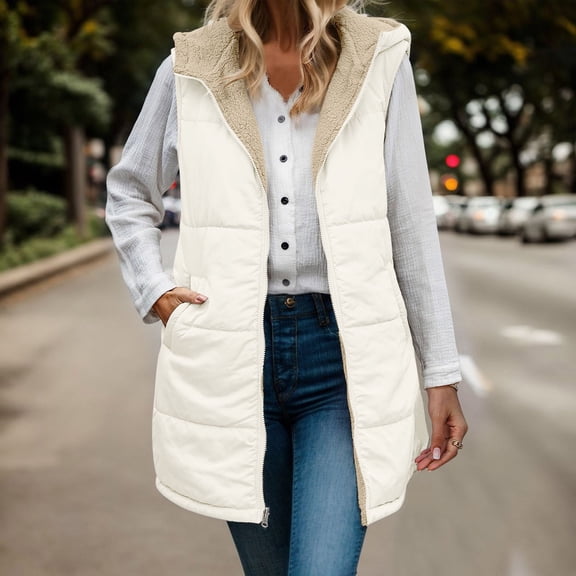 Long Vest Women Outerwear Reversible 2024 Fall Winter Warm Sleeveless Zip Up Hoodie Coat With Pockets Womens Long down Coat Women Fashion Clothes Roll Sleeve Utility Jacket Warmest Jacket Women Coats
