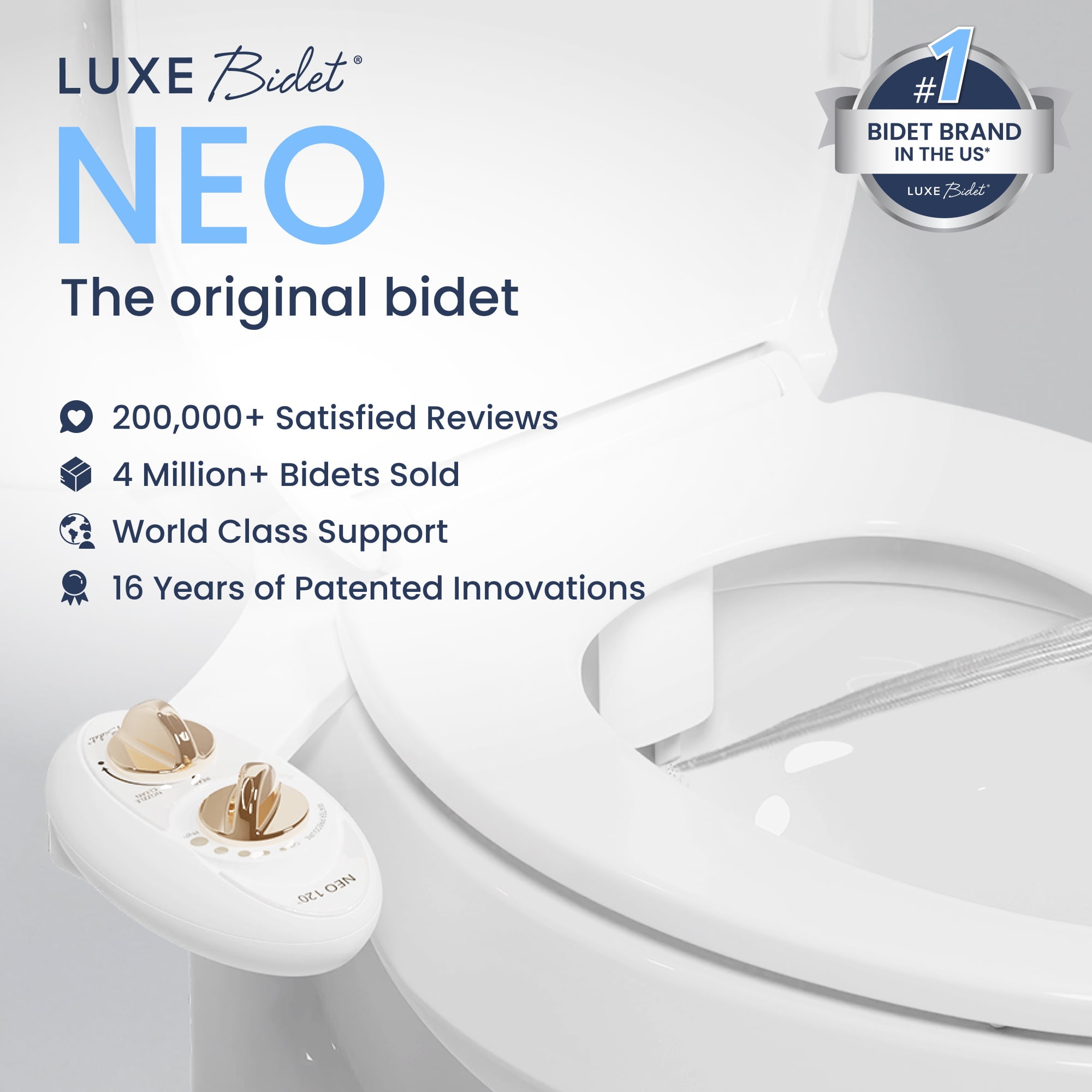 LUXE Bidet NEO 120 - Self-Cleaning Nozzle, Fresh Water Non-Electric Bidet Attachment for Toilet Seat, Adjustable Water Pressure, Rear Wash (Gold)
