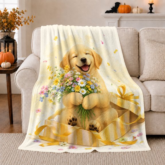 Golden Puppy Floral Box Autumn Dog Lover, Playful Pet Portrait Pattern, Warm Flannel Blanket for Ranch House and Living Room, Dog Lovers autumn celebration Gift, Pet Lover Home Decor