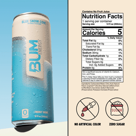 BUM ENERGY BLUE SNOW CONE ENERGY DRINK, 112 MG NATURAL CAFFEINE, 12 FL OZ CAN