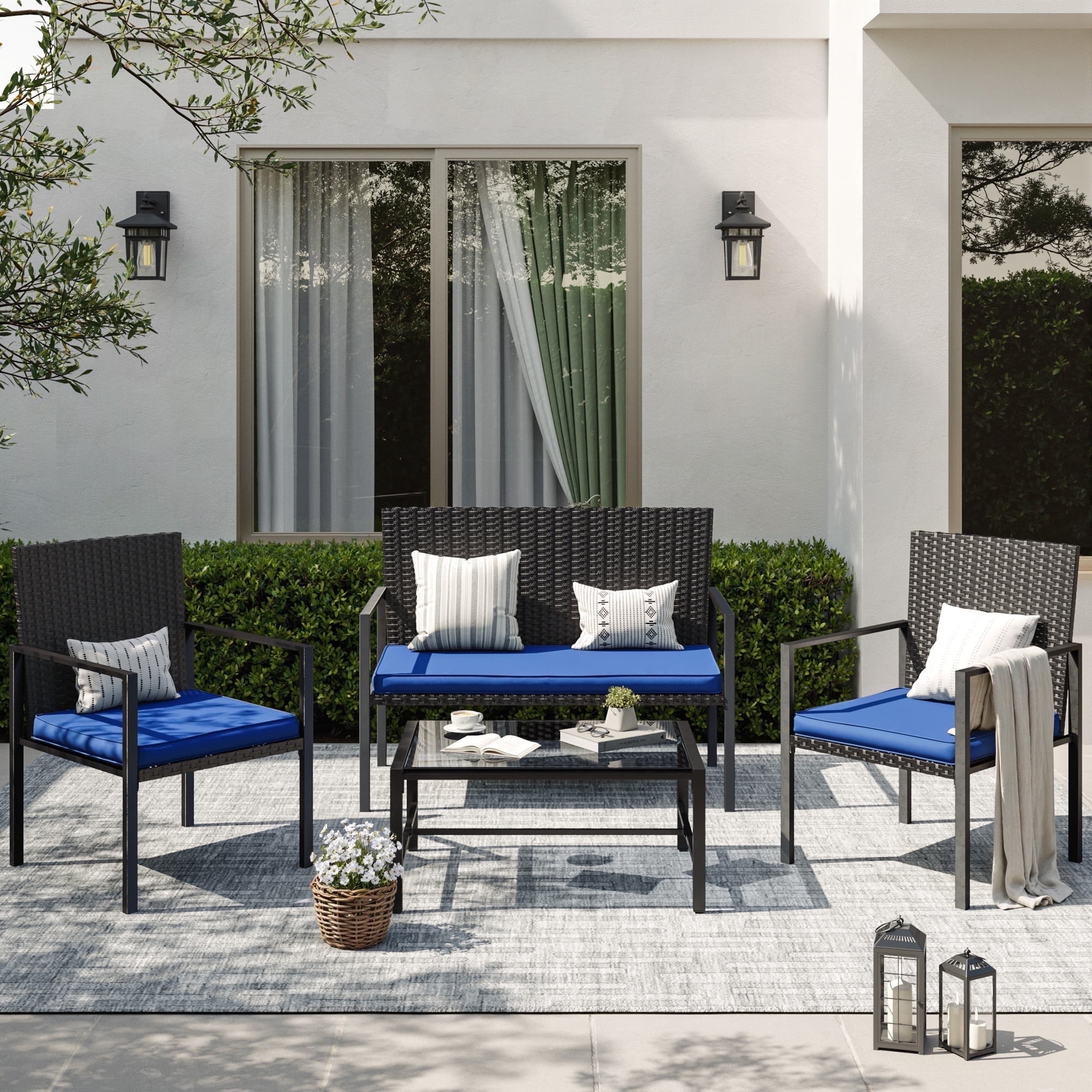 ELPOSUN Patio Furniture Sets for 4, 4 Pieces Patio Comversation Set with Glass Coffee Table,for Backyard Balcony Lawn Pool,Black/BLUE