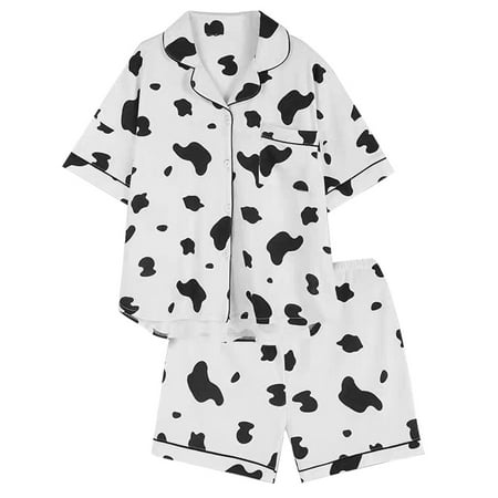 

Tinksky 1 Set of 2Pcs Summer Women Pajamas Cartoon Cow Cotton Cardigan Short Sleeve Shorts Casual Homewear Two-Piece