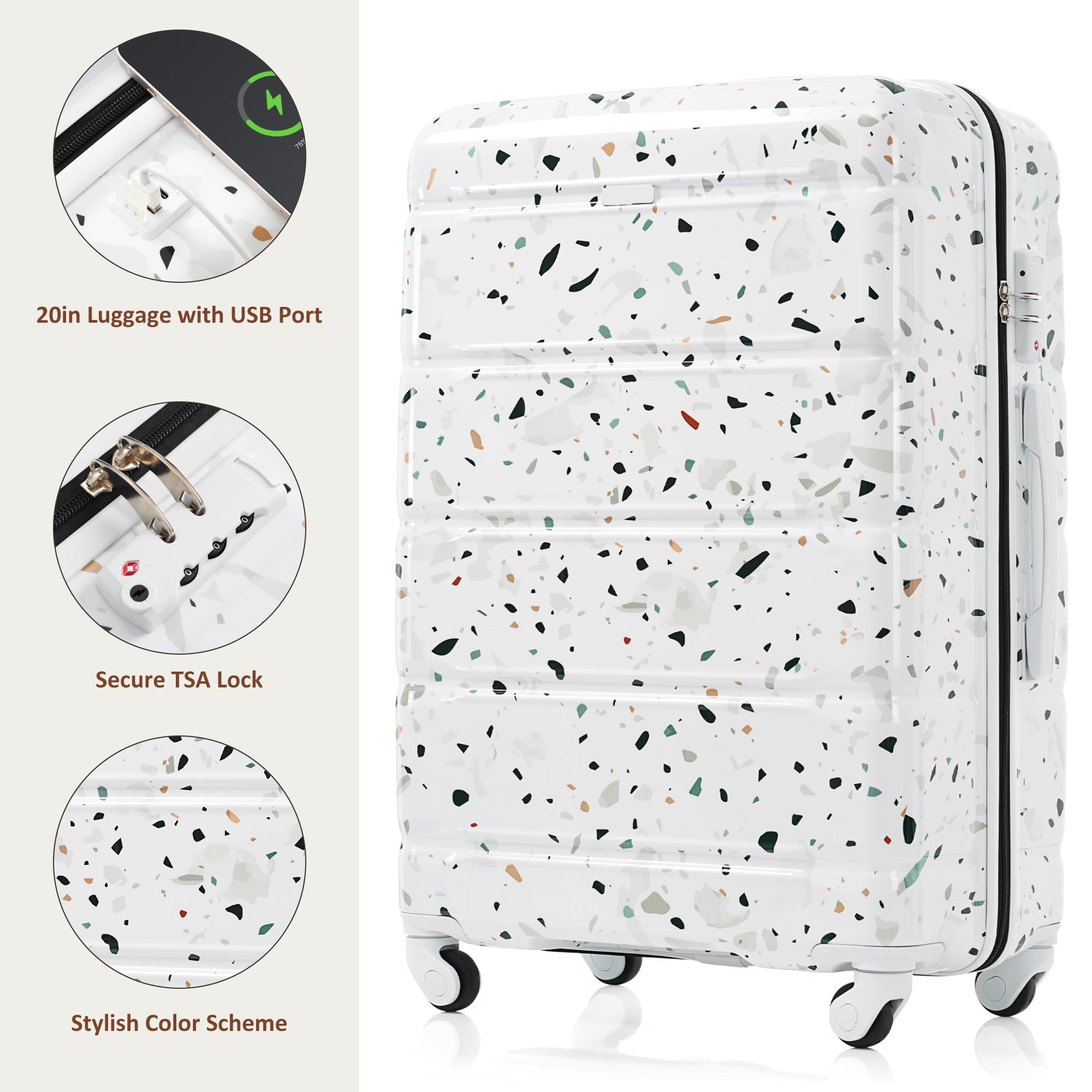 Euroco 3 Piece Luggage Sets, 20" Carry-on Suitcase with USB Port and Cup Holder,Hardside Lightweight Suitcase Set with TSA Lock and Spinner Wheels(20"/24"/28"),White