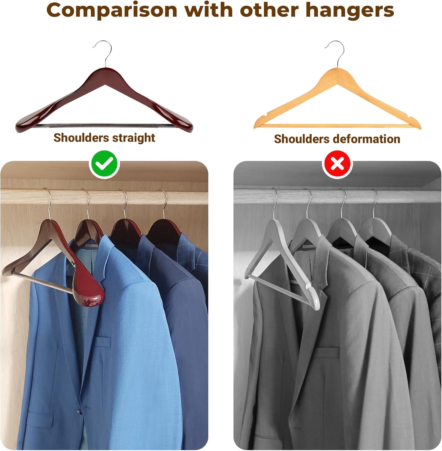 Coat Hanger 8-Pack,  Wood Hangers Trouser Hangers Extra Wide Shoulder Wooden Hangers for Heavy Coat, Sweater, Skirt, Suit, Pants, Retro Finish