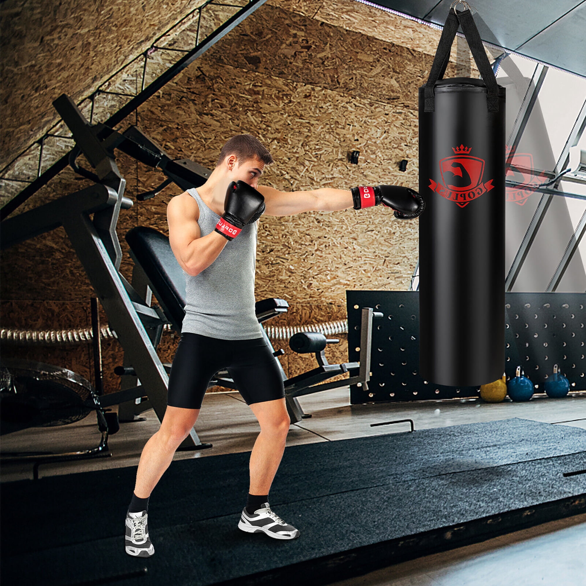 Gymax 63 lbs Filled Punching Hanging Bag Set Kick Boxing MMA training w/ Gloves Adults