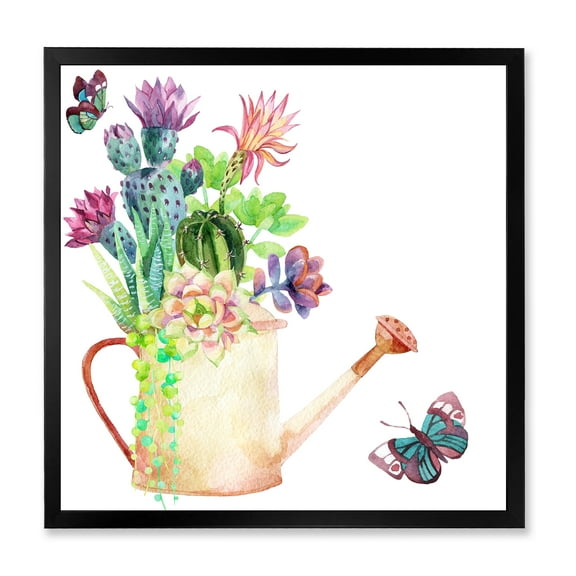 Succulents In Old Watering Can With Butterfly 36 in x 36 in Framed Painting Canvas Art Print, by Designart