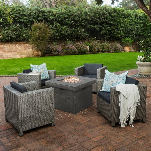 Cascada Outdoor 4 Piece Wicker Club Chair Set with Cushions and Grey Square Firepit, Mixed Black, Dark Grey