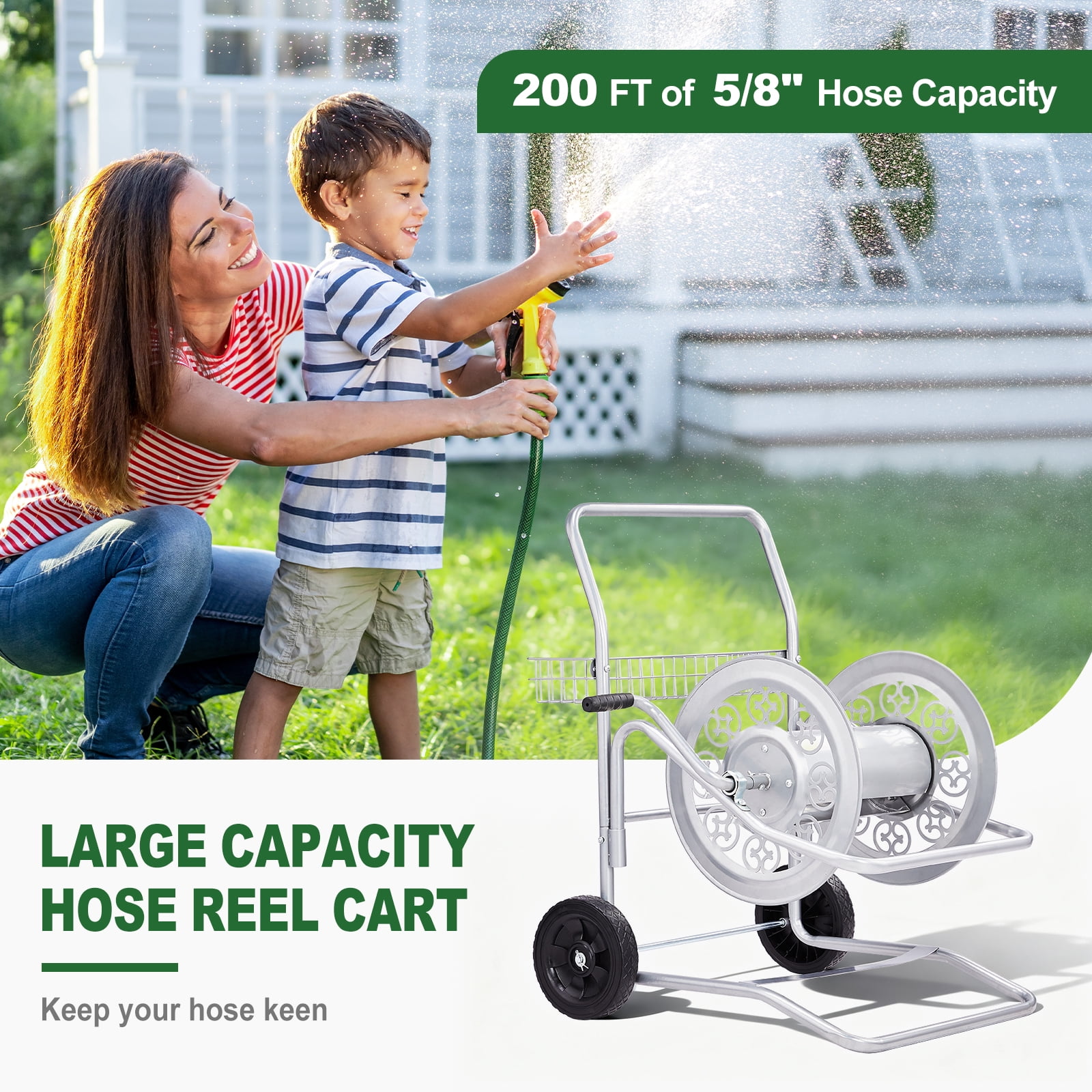 UBesGoo Silver Hose Reel Cart, 200FT Capacity Heavy Duty Steel Frame with Wheels & Easy-Wind Handle
