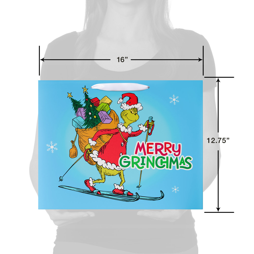 American Greetings 16 in. Extra Large Blue Grinch Christmas Gift Bags (1-Count)