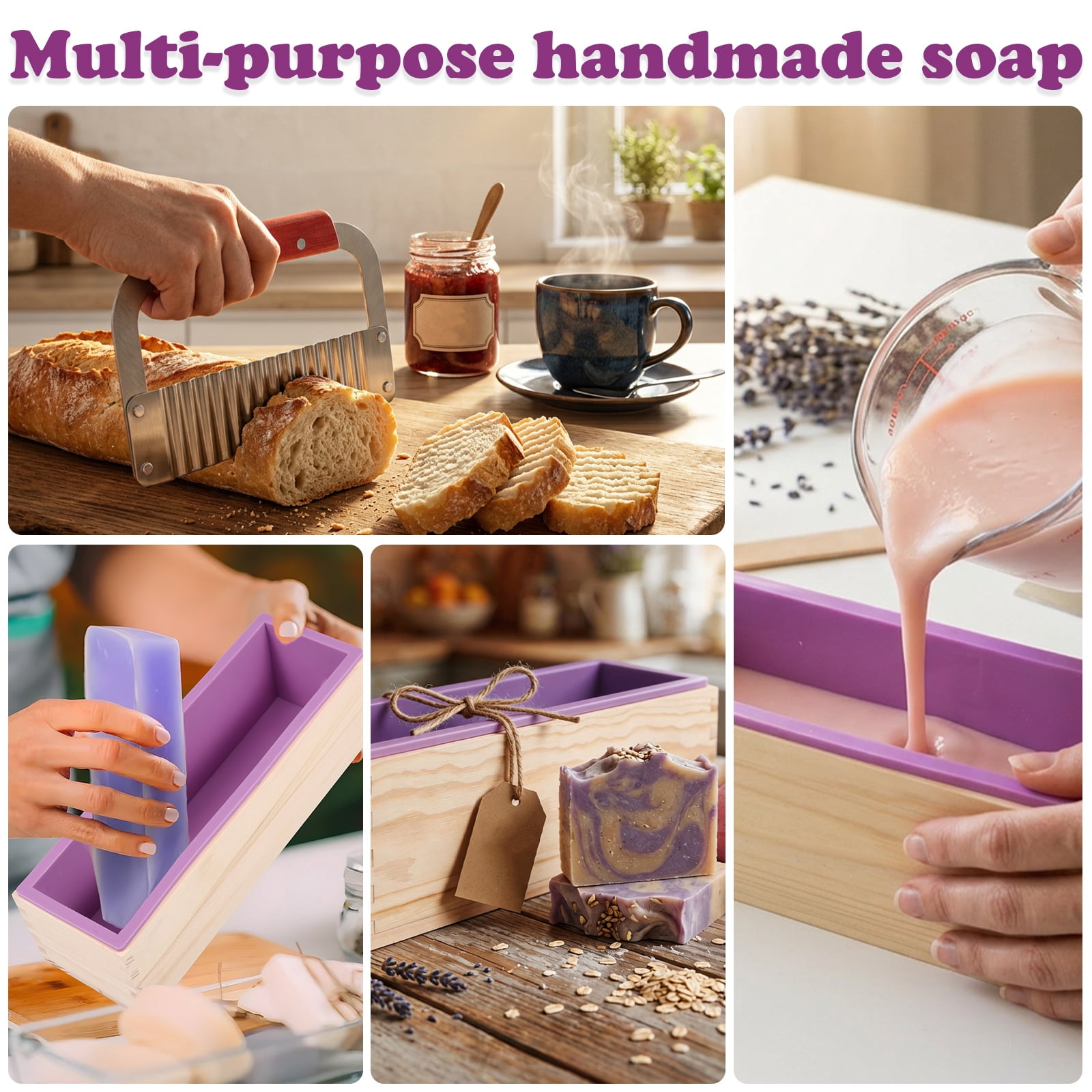 Toorise 40.58oz Silicone Soap Mold with Wooden Box Stainless Steel Straight and Wavy Cutter Complete Soap Making Supplies Kit for DIY Cold Process Making