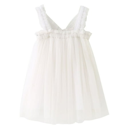 

Toddler Girls Summer Solid Color Cotton Strap Mesh One-Piece Dress F6734