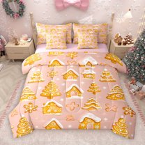 Manfei Merry Christmas 7pcs Bedding Comforter Set,Kawaii Gingerbread House Queen Bedding Sets,Pink Brown Queen Sheet Sets For Girls Teens,Luxury Bedroom Decor Reversible