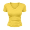thumbnail image 4 of Women's V-Neck Short Sleeve Fitted T-Shirt，Everyday Casual Stretch Slim V Neck Tee, Women's Plus Light Yellow,Size S-5XL, 4 of 5