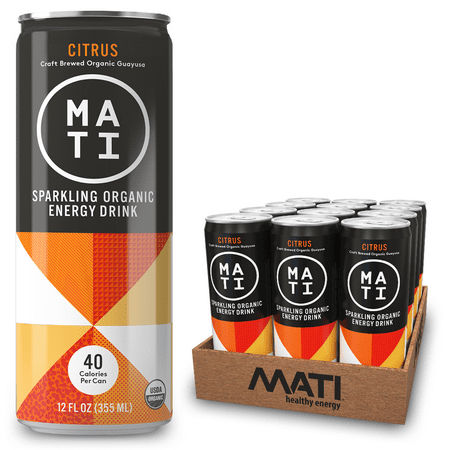 MATI Sparkling Organic Energy Drink, All Natural Craft Brewed Guayusa, 40 Calorie, Refreshing Not Sweet, Citrus, 12 Fl Oz Cans (Pack of