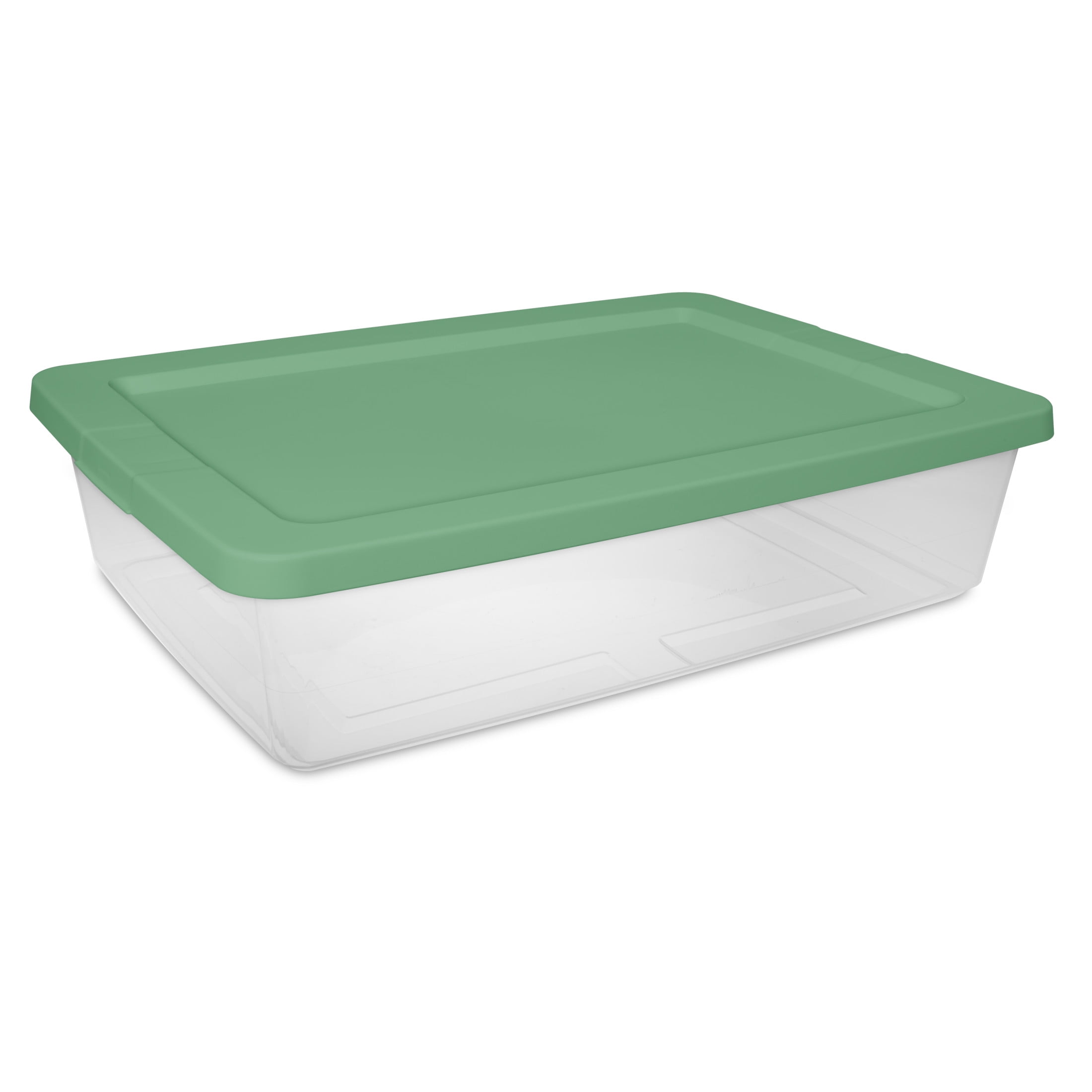 Sterilite, 28 Quart Clear Storage Bin, Snap-on Lid Storage Container, with Green Lid, Set of 2
