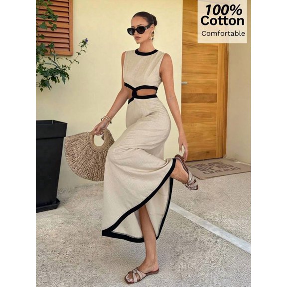 Apricot 100% Cotton Sleeveless Color-Blocked Hollowed-Out Maxi Dress, High-Waisted With Slit, Casual Beach Elegance