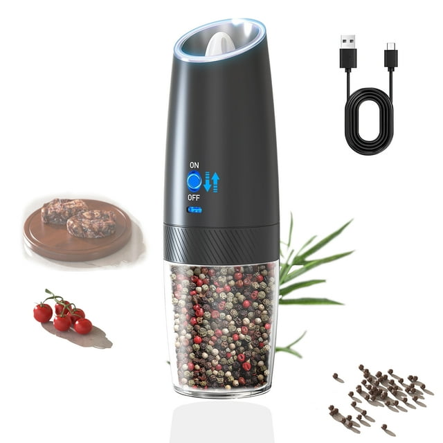Molinillo de Pimienta Eléctrico por Inducción de Gravedad 135ml, Núcleo de Cerámica Resistente, Ajuste de Grosor Manual, Luz LED, Puerto de Carga Tipo C, Ideal para Cocina y Picnics al Aire Libre
