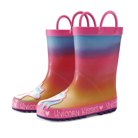 Kushyshoo Kids Rain Boots Unicorn Kisses Waterproof Printed Rubber Boots with Handles Size 1 Big Kids Rain Boots