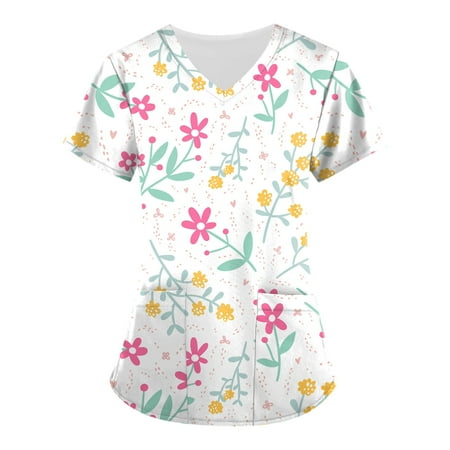 

Sksloeg Uniform Tops for Women Scrubs Flower Printed Top Comfort Scrubs Women s V-Neck Workwear Short Sleeve Shirts Nursing Working Uniform White S