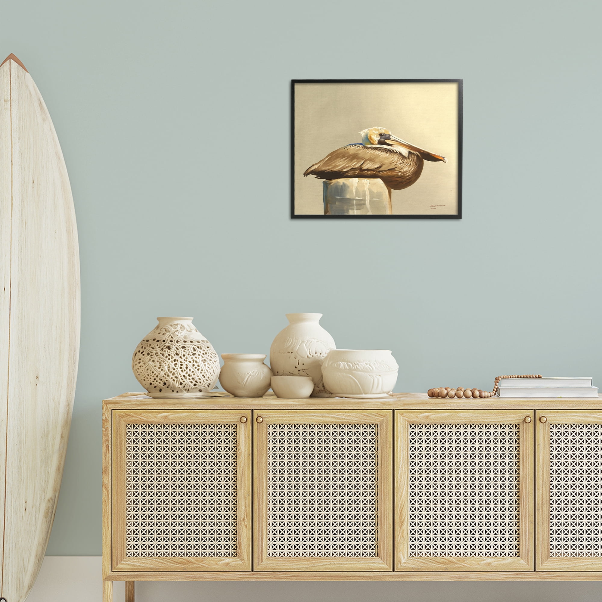 Stupell Industries Pelican Resting on Dock Animals & Insects Painting Black Framed Art Print Wall Art, 20 x 16