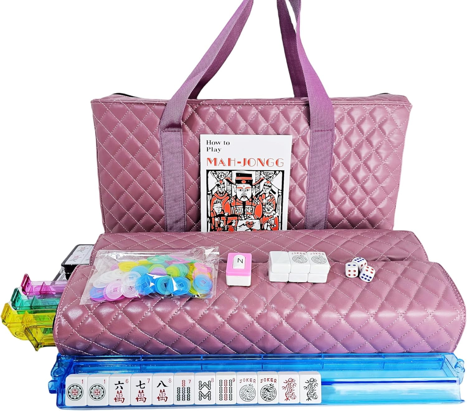 C&H Solutions American Mahjong Set,Mahjong Tiles Set,Pink PU Carrying Bag,166 Premium Tiles,4 All-in-One Rack/Pushers,Western Mahjong with English Manual(Ma Jong,Mah-Jongg, Majiang)