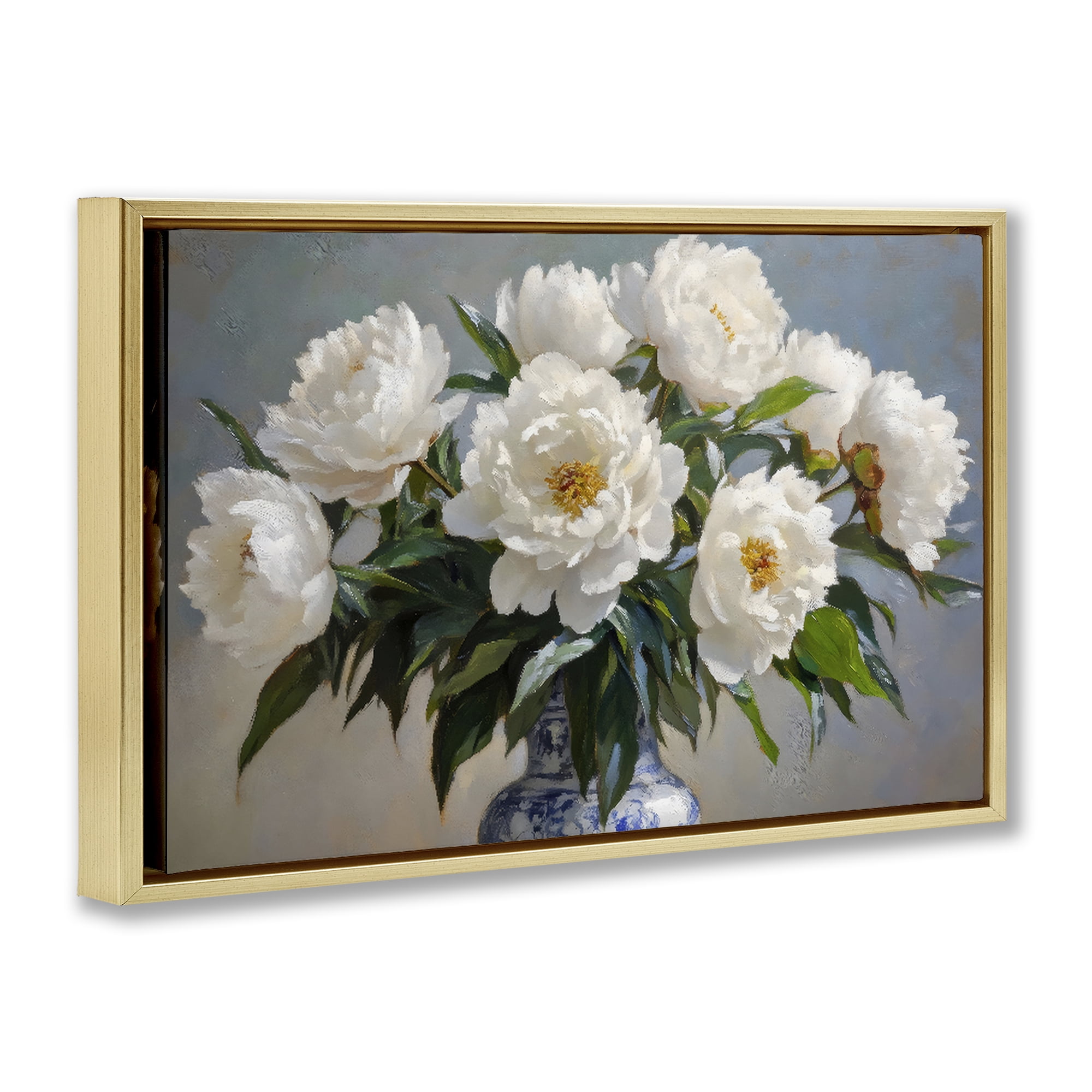 Stupell Industries In Full Bloom White Peonies Gold Framed Floater Canvas Wall Art, design by Petal Prints Design