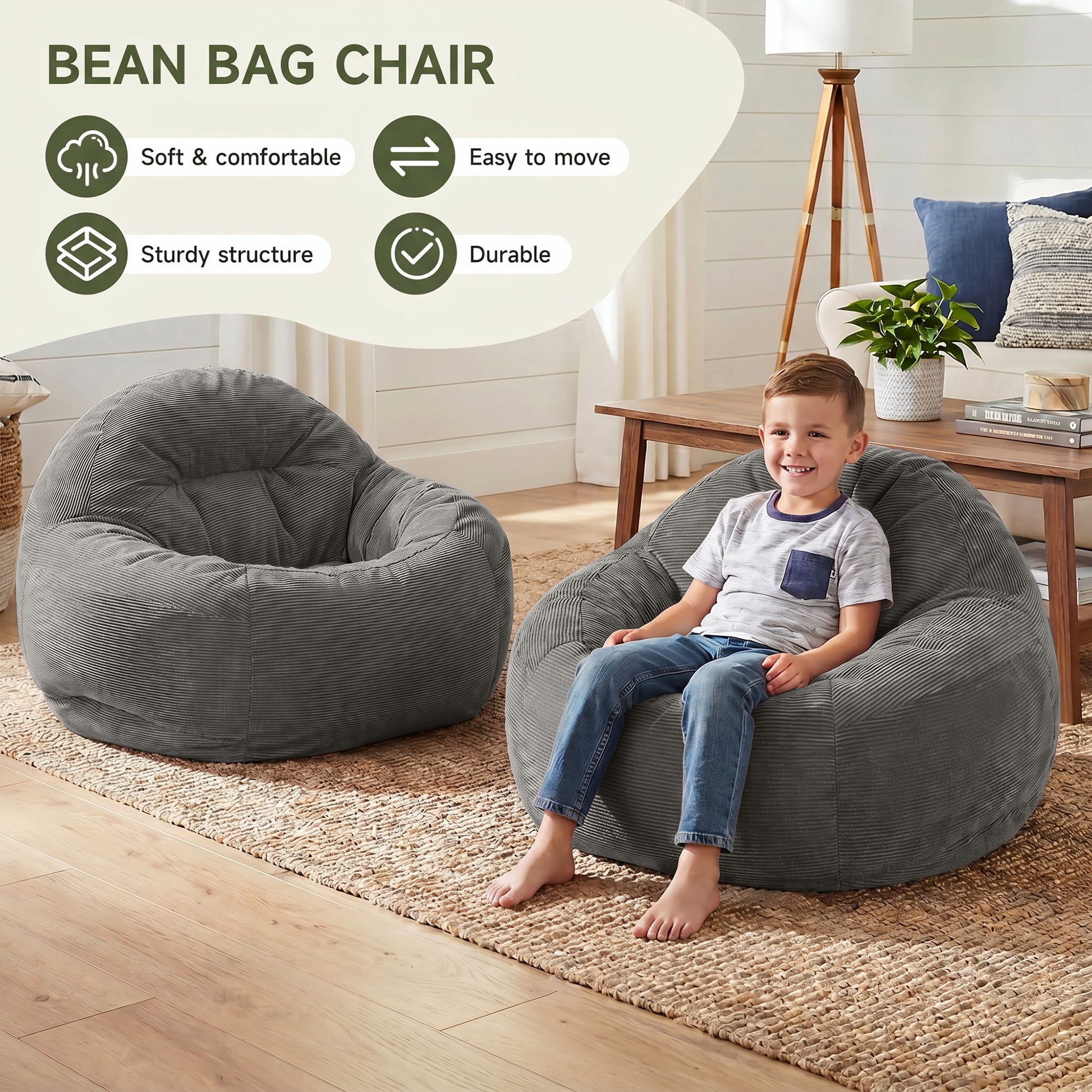 1PCS Kids Bean Bag Chair with Foam Filler, Corduroy Upholstered Bean Bag Sofa, No-Assembly Lazy Reading Chair