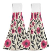 Yayeee Kitchen Hanging Hand Towels Set of 2 with Loop Bathroom Absorbent Tie Towel, Pink Flowers