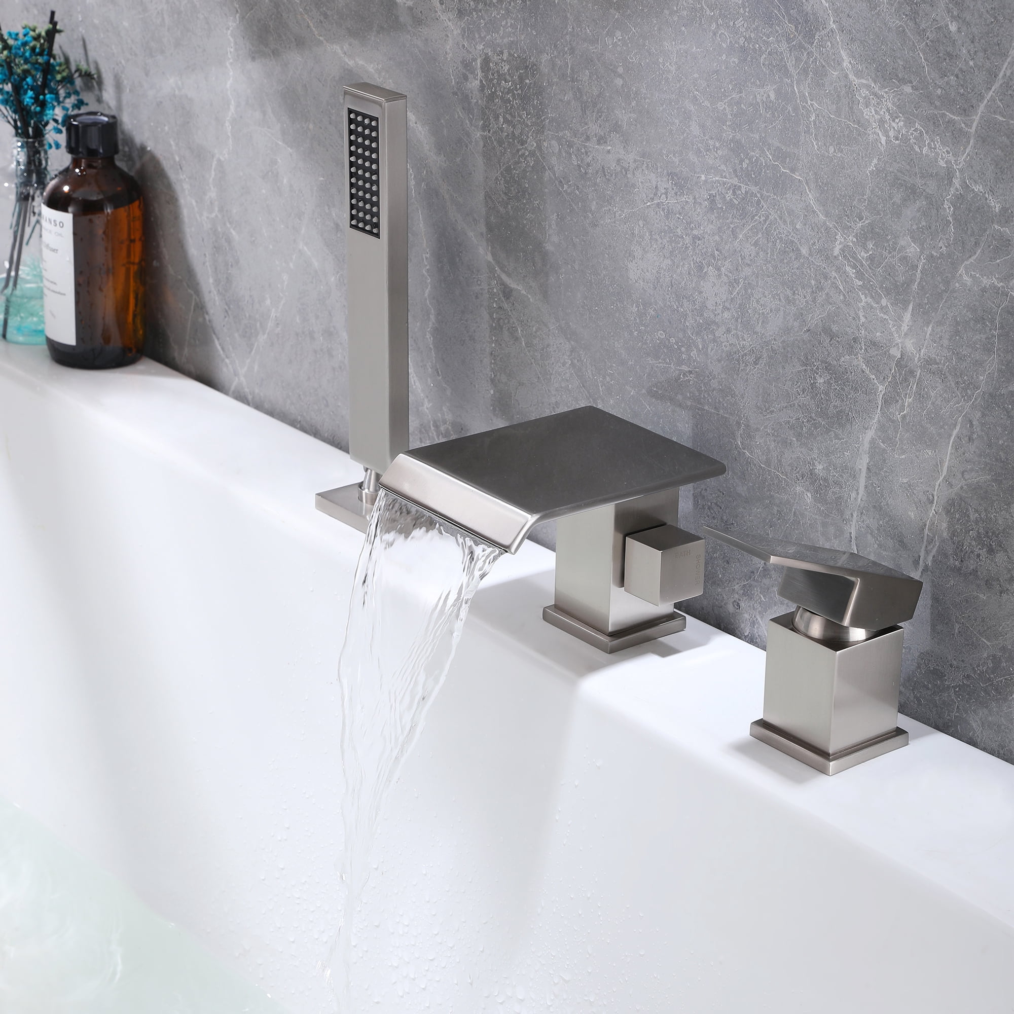 Three Holes Deck Mounted Roman Bathtub Faucet with Hand Shower, Widespread Waterfall Tub Filler