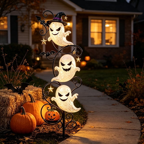 Orangide Halloween Ghost Yard Stake Lights with Witch Hat and Pumpkin Solar Powered LED for Outdoor Garden Lawn Patio Fall Holiday Decorative Yard Art