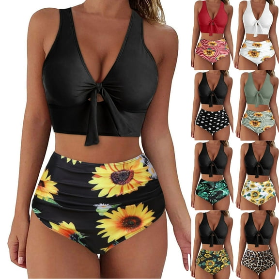 Jacenvly Bikinis for Juniors 2 Piece Comfortable Bikini Set Swimsuit Two Piece Filled Swimwear Has a Chest Pad No Steel Support Beachwear Tropical Fashion Beach Bikini Wrap Black
