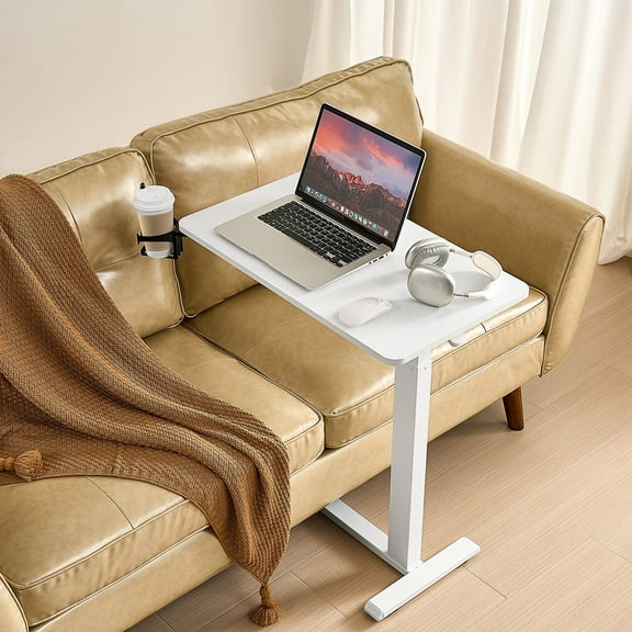Portable Overbed Table with 4 Wheels - Height Adjustable Rolling Desk for Laptop, Snacks & Drinks, White Particleboard