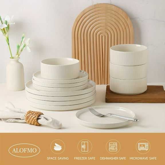 ALOFMO Ceramic Dinnerware Sets for 4, 12pcs Stoneware Plates and Bowls Sets, Reactive Glaze Dish Set, Chip and Scratch Resistant Double, Microwave and Dishwasher Safe,White