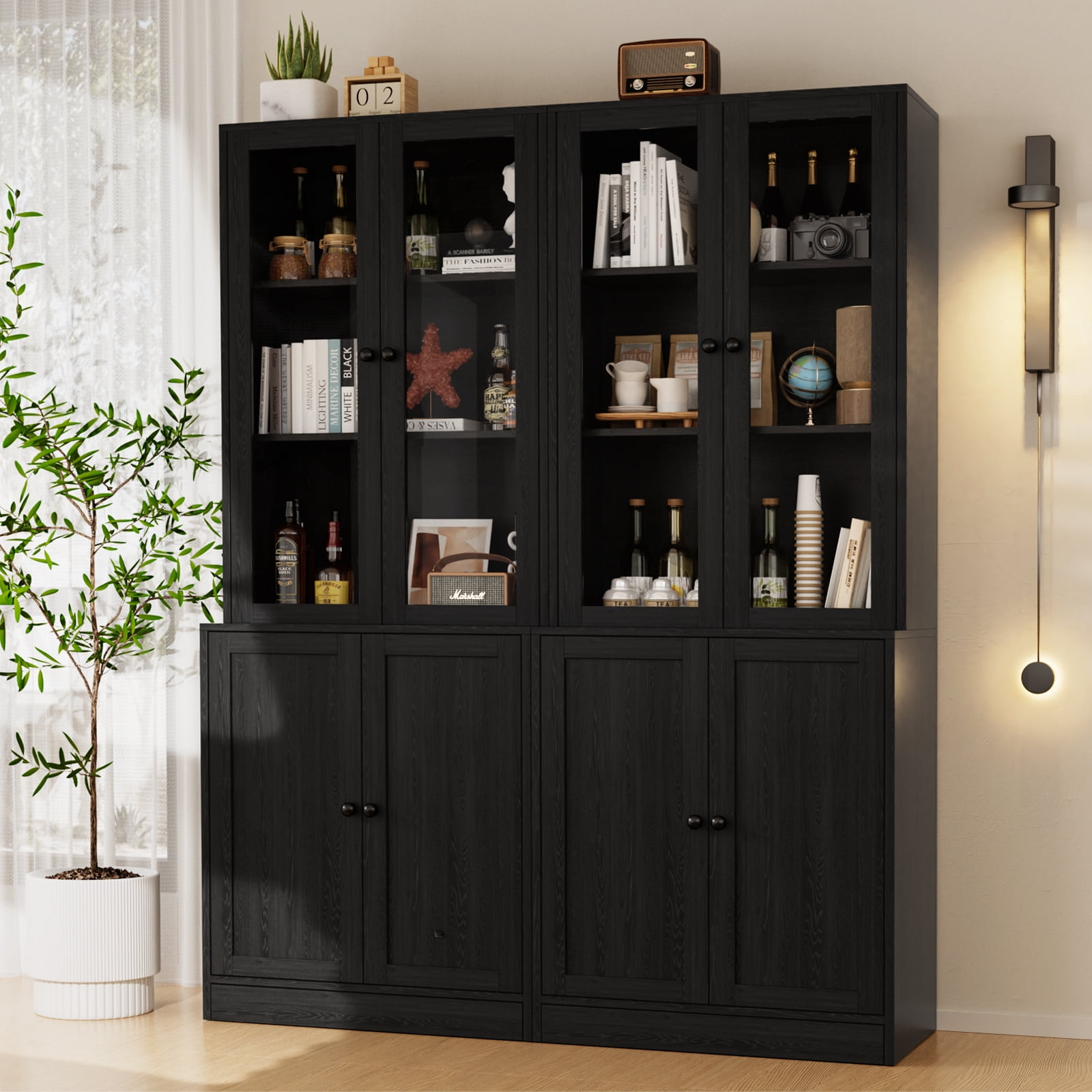 RichYa 4Pcs Kitchen Pantry Storage Cabinet,Modular Furniture Cabinets with Display Glass Doors,Hutch Buffet Cabinet with Drawers for Dining Room,Black