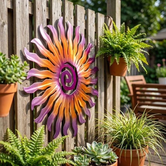 Clearance! Metal Sun Wall Art, Gradient Color Iron Hanging Sculpture with Screw Center, Rustproof Outdoor Indoor Decor for Garden Patio Fence