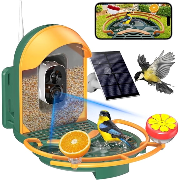 Bird Feeder with Camera, 2K HD Camera Birds Feeder with Bath Wireless Outdoor, Solar Powered Bird Watching with APP Control, Night Vision, Motion Detection Alerts, Birdfeeder for Backyard, Dark Green