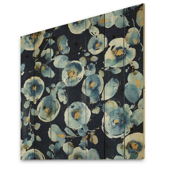 Designart 'Metallic Indigold Flower Pattern I' Floral Print on Natural Pine Wood