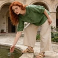 thumbnail image 5 of CIENVNSTG Two Piece Sets for Women Summer Casual 3/4 Sleeve Embroidered Tops Capri Pant Cotton Linen Lounge Set with Pockets Matching Sets Green 2XL, 5 of 5