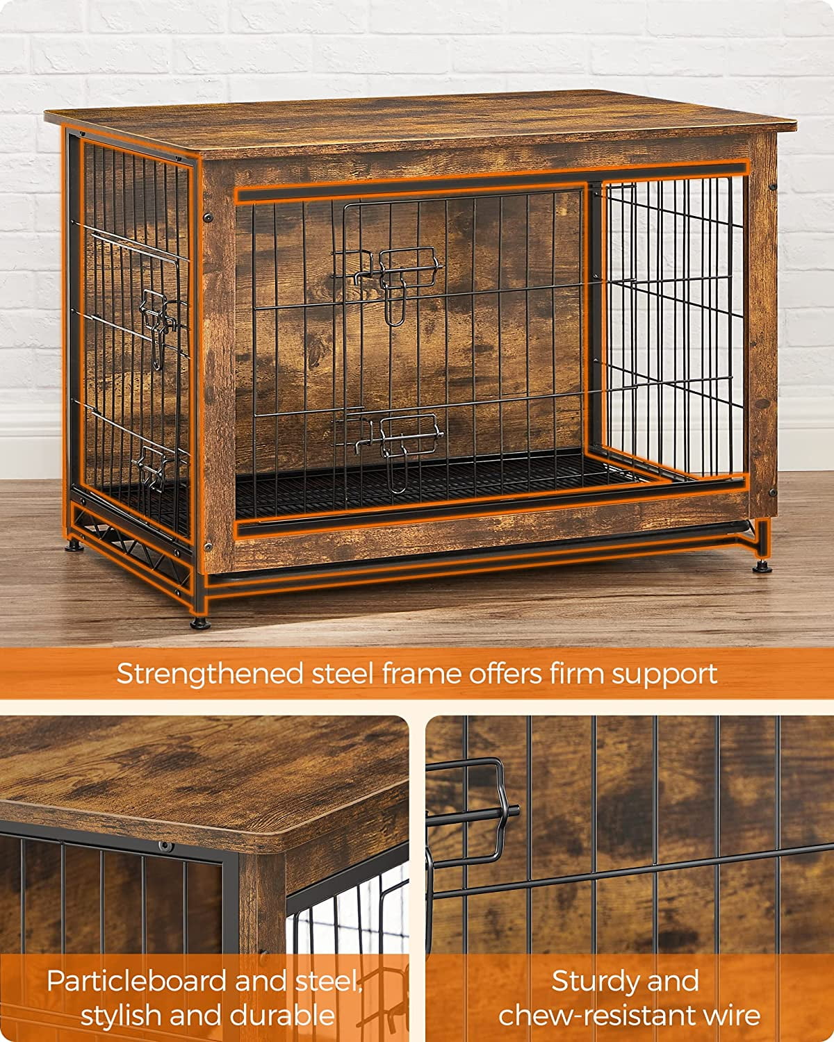Wooden Dog Crate Furniture,Double-Doors Kennel for Dogs Indoor up to 70 lb, Removable Tray, End Table Dog Crate for Decoration 38.6"L x 25.6"W x 26.8"H, Rustic Brown